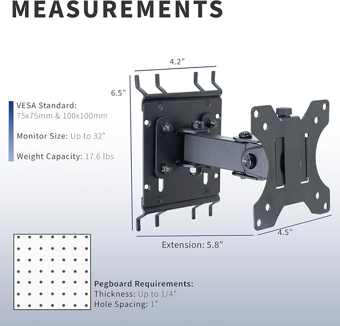 VIVO Articulating Single Monitor Pegboard Mount with Arm, Fits Screens up to 32 inches and Peg Boards up to 0.25 inches Thick with 1 inch Hole Spacing, Black, MOUNT-PB2A - Image 3