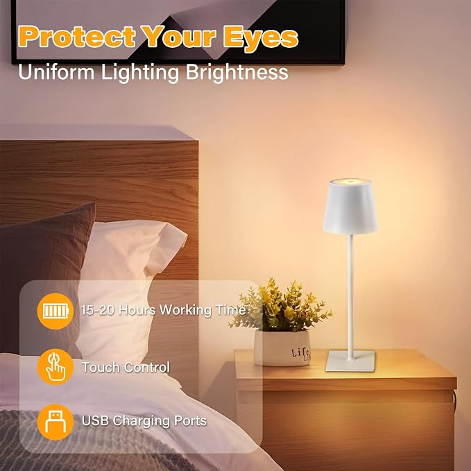 CHLORANTHUS 2 Pack Cordless Table Lamps, 3 Colors Stepless Dimming, 5000mAh Rechargeable Battery LED Desk Lamp for Bedroom/Couple Dinner/Desk/Cafe/Dining Room/Terrace - Image 5