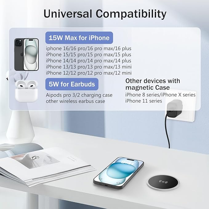 Recessed Magnetic Wireless Charger 15W, Hidden Desk Mount for iPhone 17-12 | Qi Certified Fast Wireless Charging Pad,Flush Mount Design, Under Desk Installation, Space Saving, Office Desk, Nightstand - Image 2
