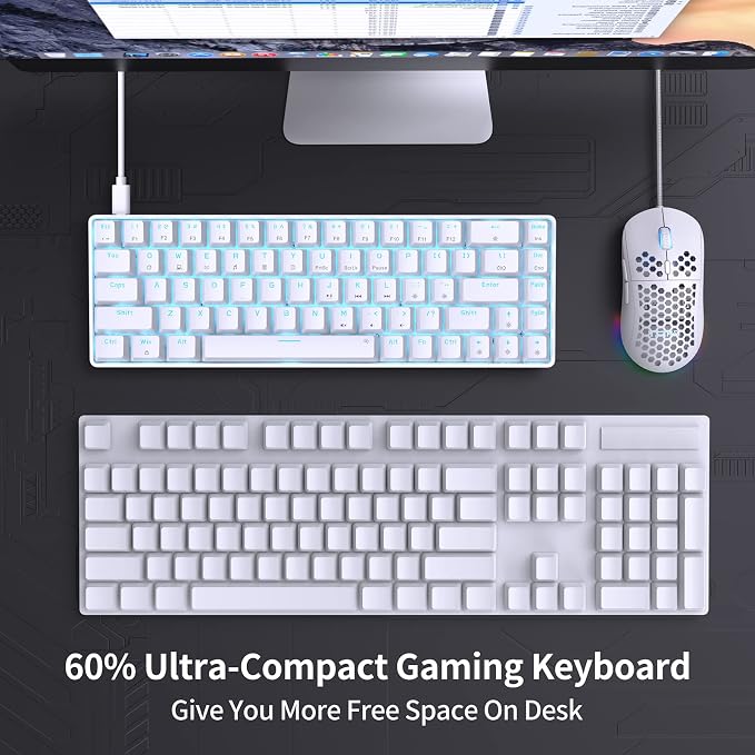 DIERYA T68SE 60% Gaming Mechanical Keyboard,Ultra Compact Mini 68 Key with Blue Switches Wired Keyboard,Anti-Ghosting Keys, for Windows Laptops and PC Gamers,White - Image 2