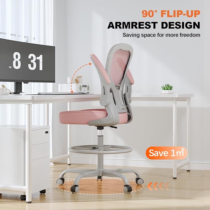 Ergonomic Tall Drafting Chair-Mesh Desk Chair with Flip-Up Arms | Adjustable Height,Lumbar Support,Adjustable Footrest Ring,Standing Desk,Breathable Backrest - Image 6