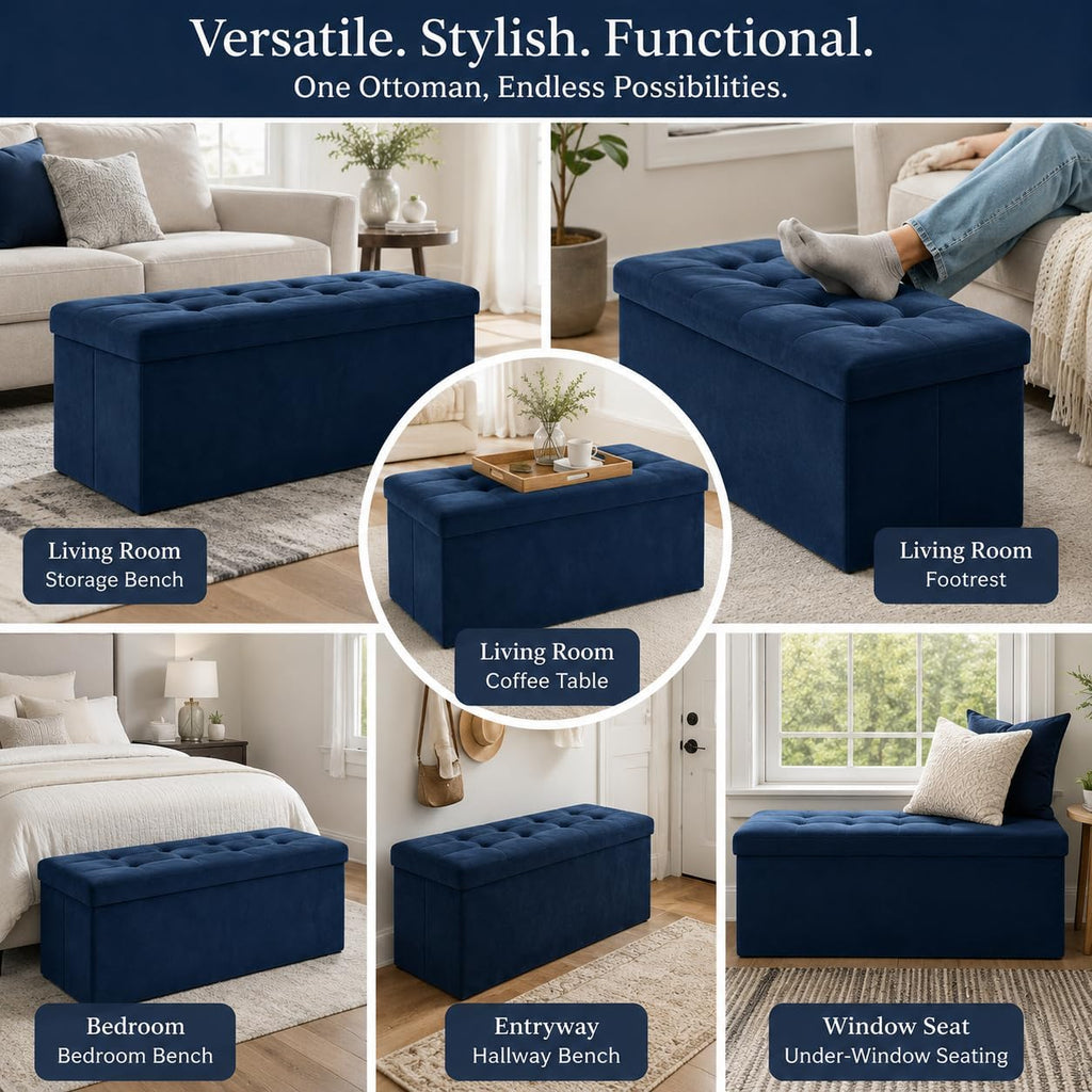 ALASDO 43 Inch Folding Storage Ottoman Bench with Hidden Storage, Velvet Storage Ottoman Foot Rest Stool, End of Bed Bench for Bedroom, Living Room, Entryway and Closet, Navy Blue - Image 6
