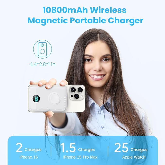 Magnetic Portable Charger with Apple-Watch Charger,10800mAh 25W PD Fast Charging Wireless Power Bank,4 Outputs Travel Essential Battery Pack for iPhone 17/17 Pro Max/16/15/14/13/12 All Series (White) - Image 2