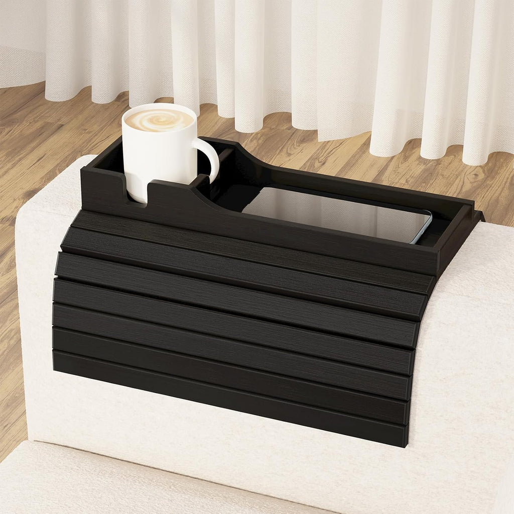 SpaceAid Bamboo Couch Cup Holder, Anti Falling Foldable Sofa Armrest Tray with Cup Holder, Couch Arm Side Table Organizer for Drink Cup Remote Snacks (Black) by SpaceAid