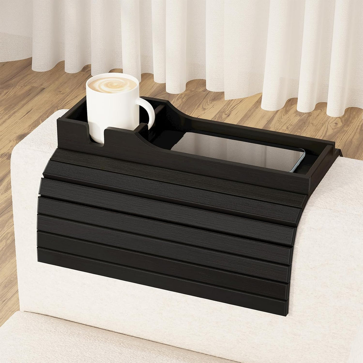SpaceAid Bamboo Couch Cup Holder, Anti Falling Foldable Sofa Armrest Tray with Cup Holder, Couch Arm Side Table Organizer for Drink Cup Remote Snacks (Black) by SpaceAid