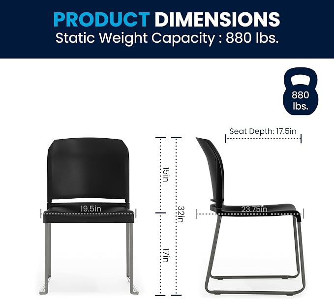 Flash Furniture Hercules Series Contoured Stacking Chairs for Waiting Rooms and Offices, Ergonomic Lobby Chairs with Curved Back, Set of 5, Black | Sled Base, Powder Coated, Contoured, 880 LBS. Weight Capacity - Image 3