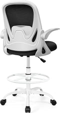 Drafting Chair Tall Office Chair with Flip-up Armrests, Adjustable Height, and Enhanced Lumbar Support - Ergonomic Rolling Stool, Back Support, and Adjustable Foot Rest Ring for Standing Desk White by Primy