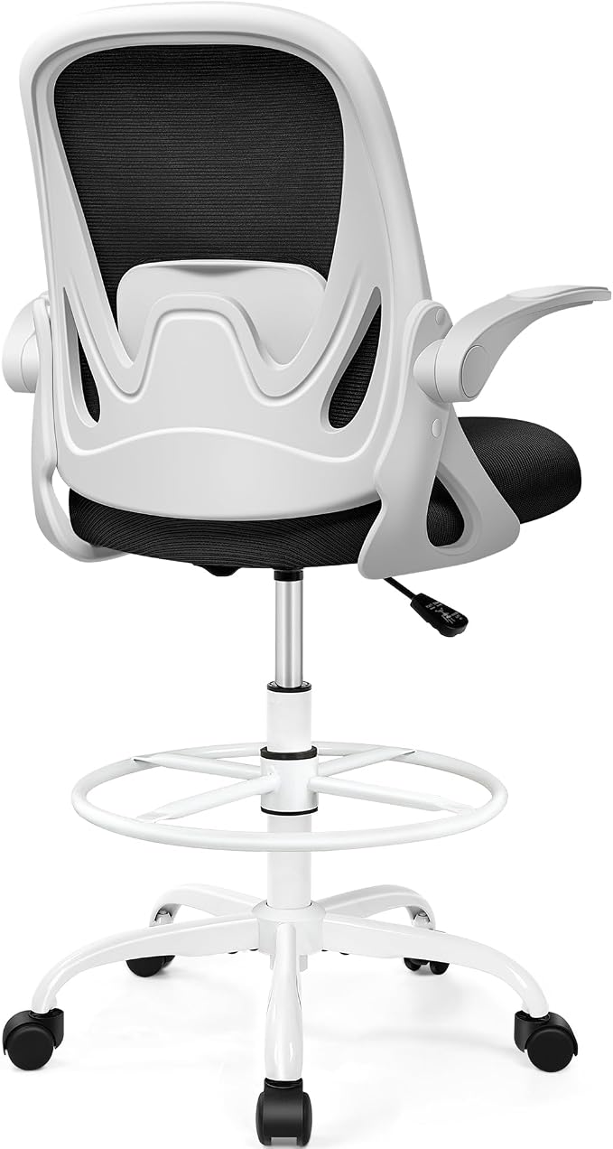 Drafting Chair Tall Office Chair with Flip-up Armrests, Adjustable Height, and Enhanced Lumbar Support - Ergonomic Rolling Stool, Back Support, and Adjustable Foot Rest Ring for Standing Desk White by Primy