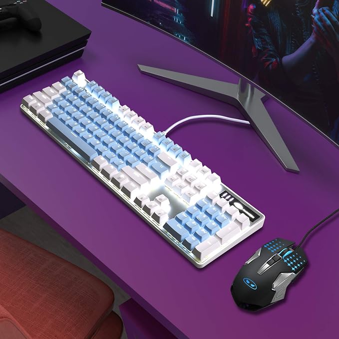 MageGee Mechanical Gaming Keyboard, 104 Keys White Backlit Mechanical Keyboards with Red Switches & Double-Shot Keycaps, Wired Ergonomic Computer Keyboard for Desktop, PC Gamers (White & Blue) - Image 9