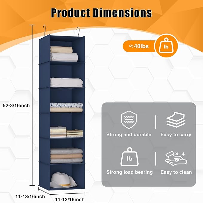 Hanging Closet Organizer 6-Shelf, Oxford Fabric Wardrobe Storage, Navy Blue | Easy-mount foldable design holds clothes, handbags, shoes & accessories; washable Oxford fabric, sturdy and space-saving. - Image 3