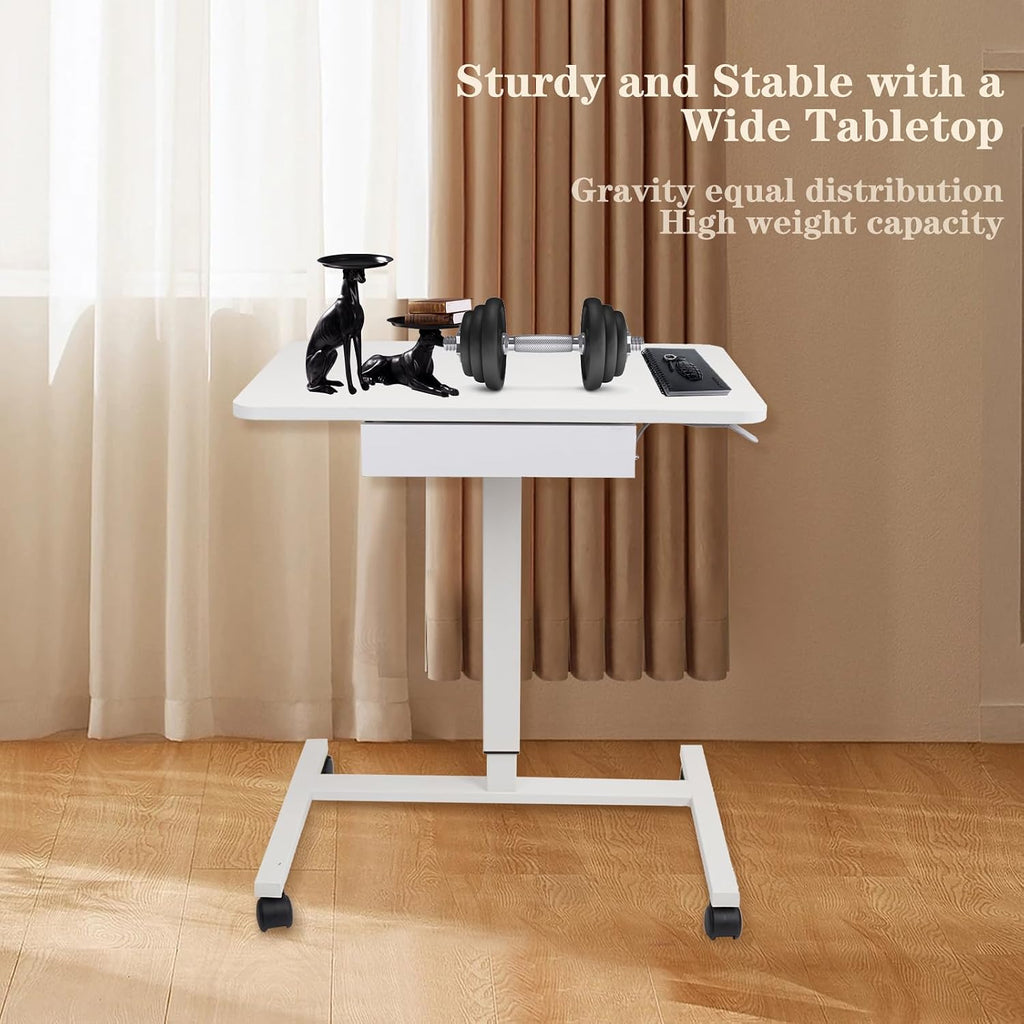 CLATINA Mobile Laptop Standing Desk, Height Adjustable Teacher Podium with Lockable Wheels, Adjustable Work Table with Drawer, Computer Cart Overbed Table for Home Office Classroom, White - Image 7