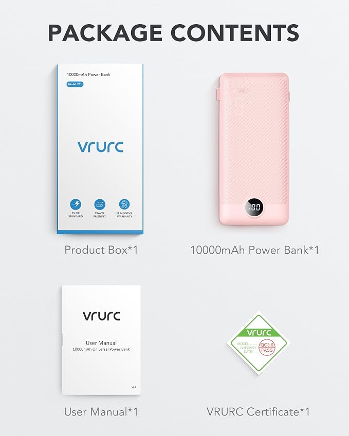 VRURC Portable Charger, Power Bank Built-in Cables and AC Wall Plug | USB C Power Bank 10000mAh Travel Essentials Phone Charger Compact External Battery Pack For Smart Phones, Tablets etc-Pink - Image 8