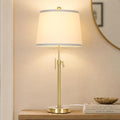 Modern Gold table Lamp 22" to 30"Adjustable Height 3 Brightness Way Brass Nightstand with White Linen Shade Pull Chain Pole Lights for Living Room Guest Bedroom End Table Office(Bulb Included, Single) by JUNNAI