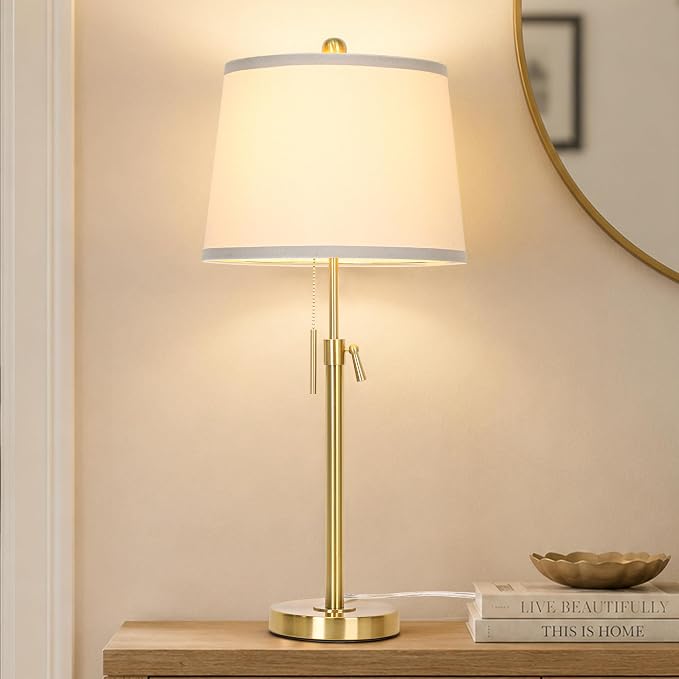 Modern Gold table Lamp 22" to 30"Adjustable Height 3 Brightness Way Brass Nightstand with White Linen Shade Pull Chain Pole Lights for Living Room Guest Bedroom End Table Office(Bulb Included, Single) by JUNNAI