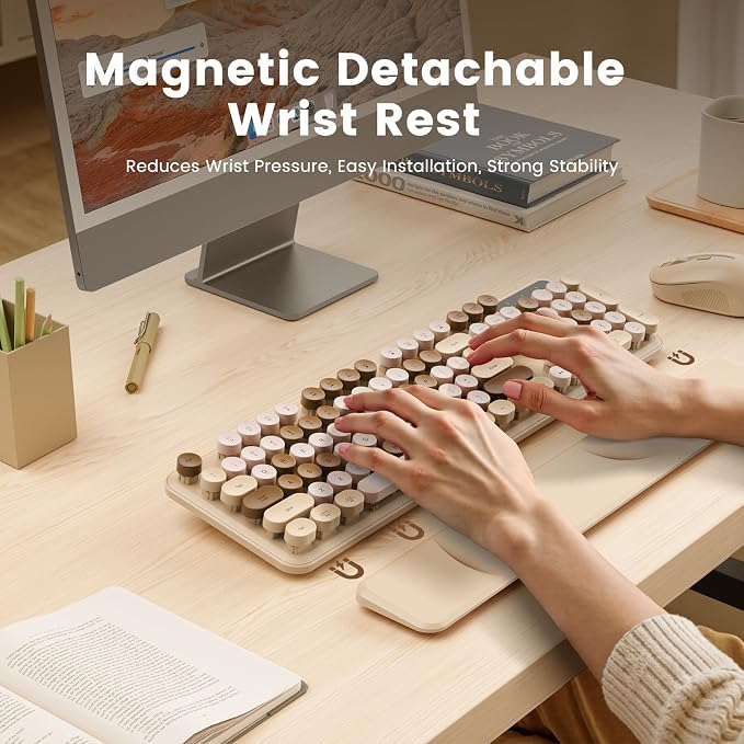 Wireless Keyboard, Round Keycaps, Retro Typewriter Keyboard with Magnetic Wrist Rest, Sleep Mode, Foldable Legs, 2.4GHz Full-Size Cordless Computer Keyboard for Windows PC, Laptop (Beige & Brown) - Image 2