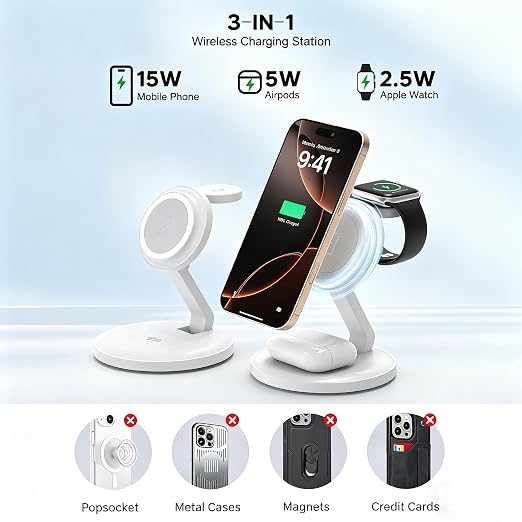Charging Station for Apple Magnetic Wireless iPhone Mag-Safe Charger,15W 3in1 Foldable Wireless Dock Fast MagSafe Charger Stand for iPhone 17 Pro Max/16 Plus/16 ProMax/15/14/13,Apple Watch,AirPods Pro - Image 3