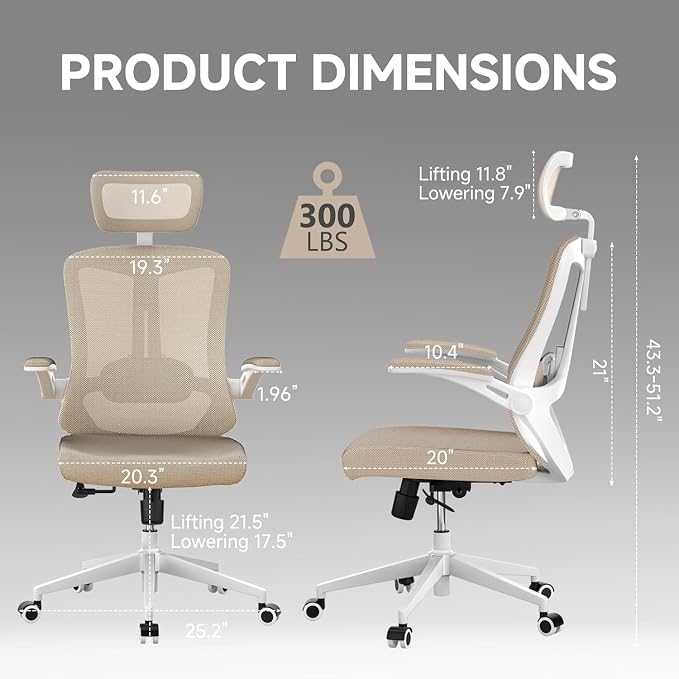 Ergonomic Office Desk Chair High Back Mesh Computer Chair Adjustable Chair | 360° Swivel Adjustable Lumbar Support & Flip-Up Armrests capacity 300 lbs capacity - Image 2