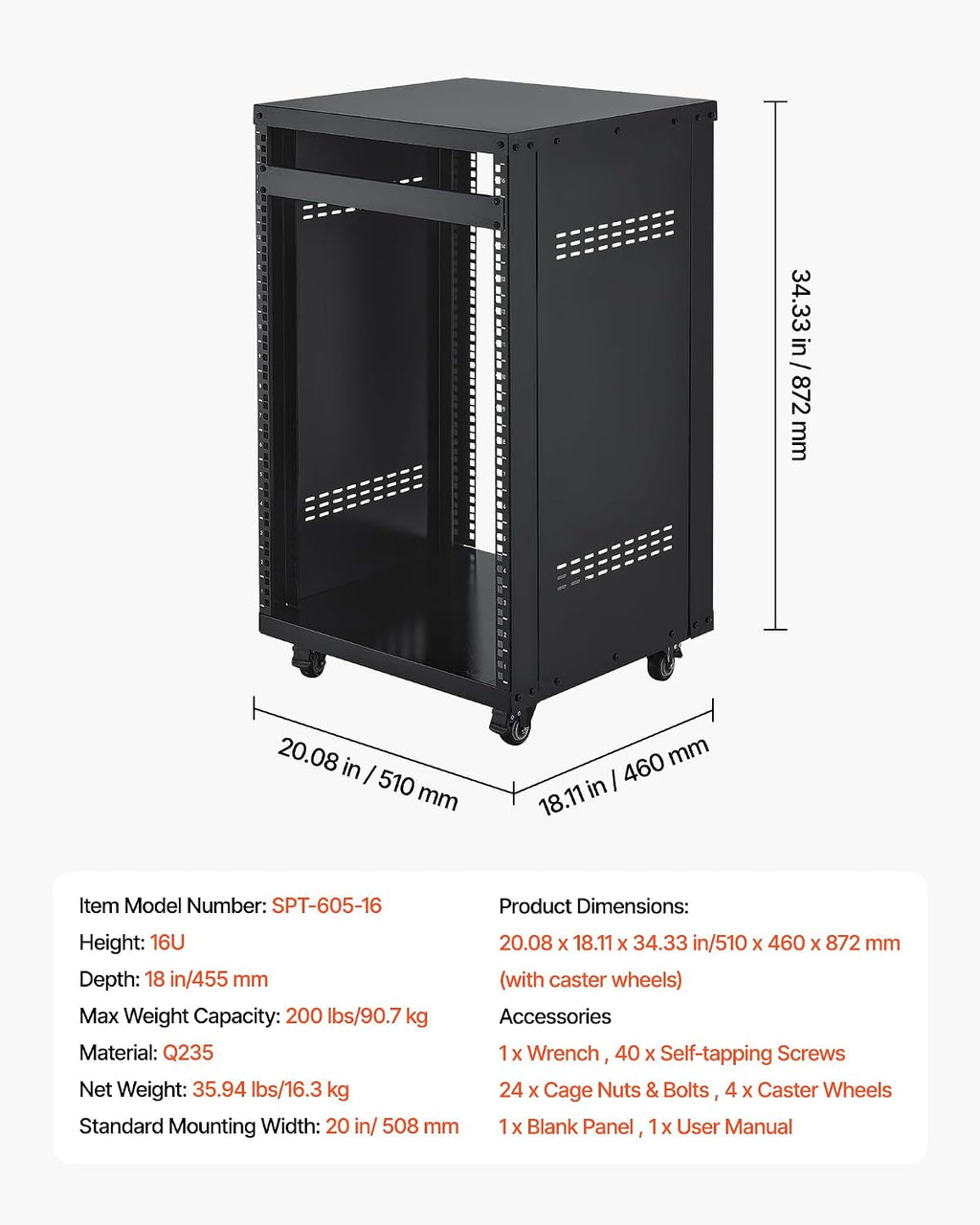 VEVOR 16U AV Rack with 4 Wheels, Network Server Rack Recording Studio Rack - Image 7