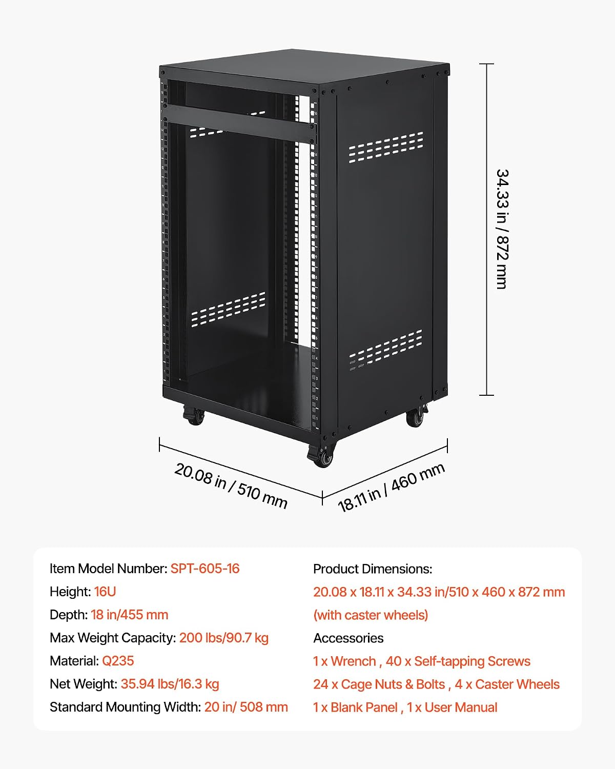 VEVOR 16U AV Rack with 4 Wheels, Network Server Rack Recording Studio Rack - Image 7