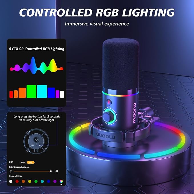 MAONO PD200XS XLR/USB Dynamic Microphone Kit, RGB Gaming Mic with Software | PC Mic with Mute, Gain Knob, Volume Control, Boom Arm for Streaming, Gaming, Podcasting, Voice-Over, Recording - Image 4