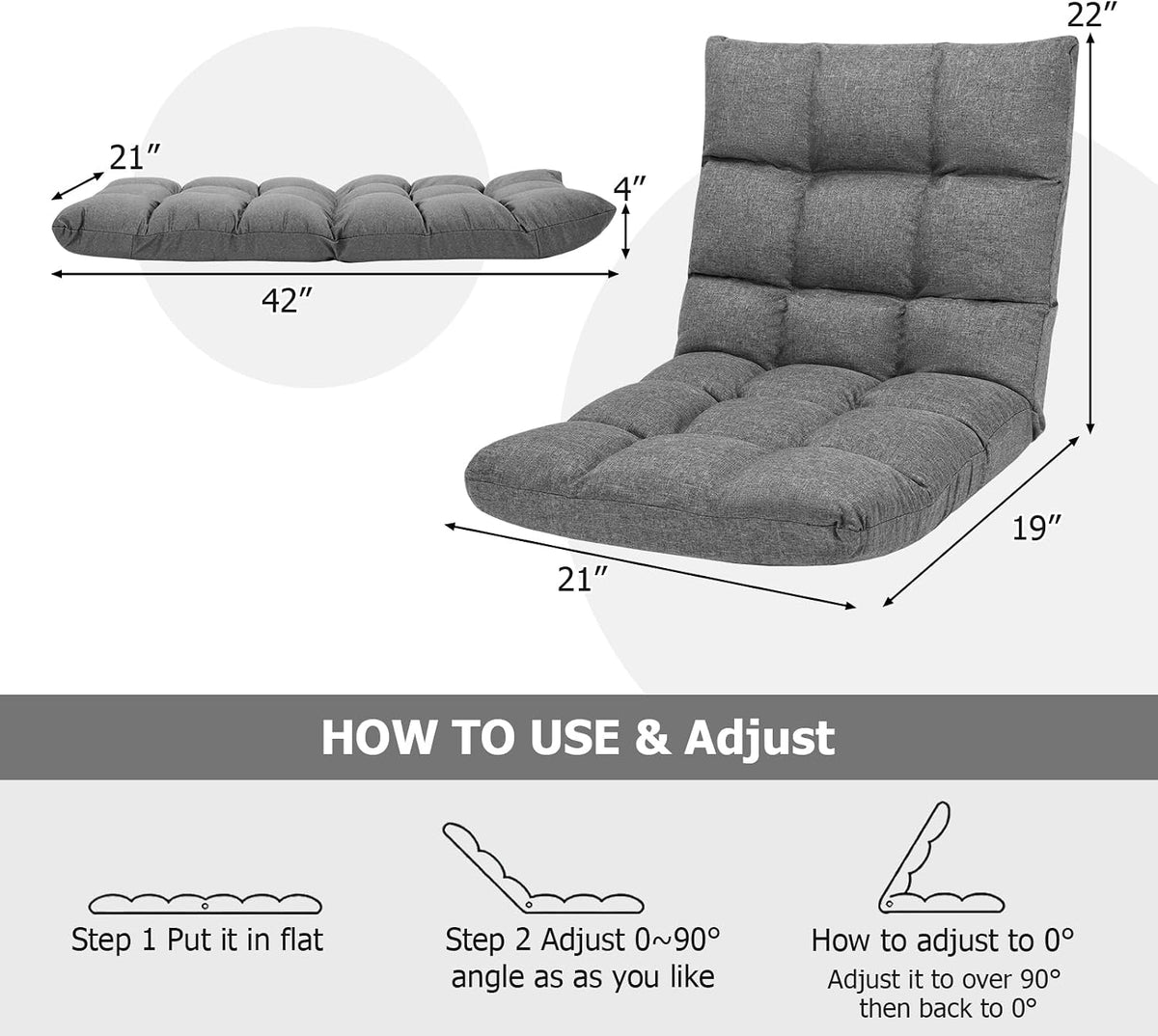Video Gaming Floor Chair with Adjustable 14-Position Memory Foam, Folding Floor Sofa Chair Lounger Folding Sleeper Bed Couch Recliner, Lazy Sofa Lounger for TV, Reading, Relaxing (Grey) - Image 3