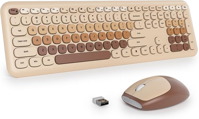 surmen Brown Quiet Keyboard and Mouse Wireless, Full-Size Retro Typewriter Wireless Cute Colorful Keyboard with Low-Noise 2.4GHz for Home and Office（Coffee by SURMEN