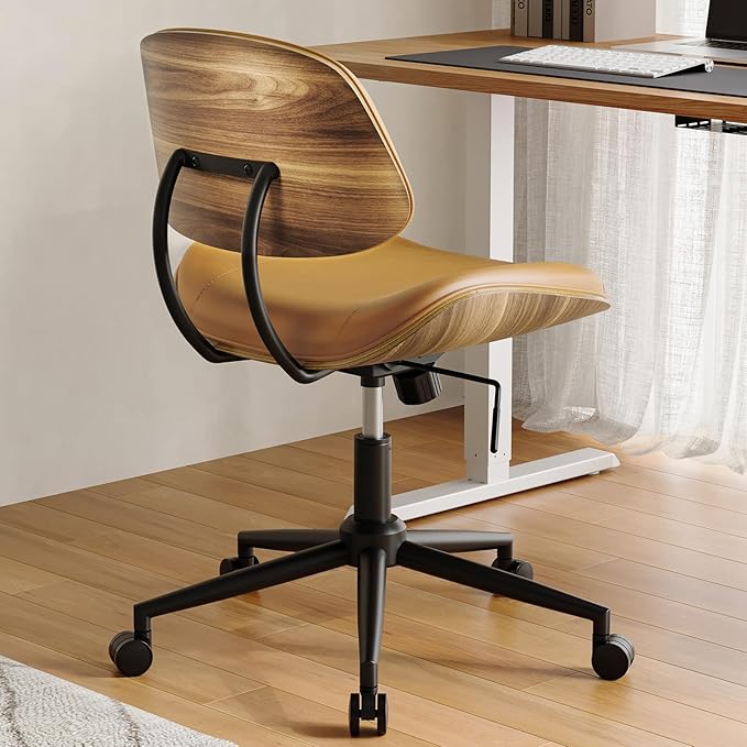 Armless Office Chair Set of 2, Adjustable Height Desk Chair, Brown | 360° Swivel Ergonomic Computer Chair for Small Space, PU leather seat, Modern Walnut Style, Home Office & Meeting Room - Image 2