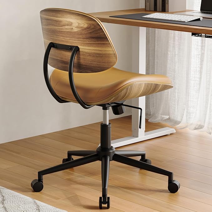 Armless Office Chair with Wheels, PU Leather Desk Chair, Brown | Adjustable Height Task Chair, 360° Swivel Ergonomic Computer Chair for Small Space, Modern Walnut Style, Home & Meeting Room - Image 6