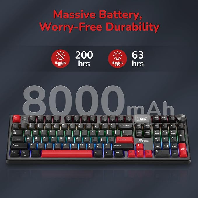 RK ROYAL KLUDGE S104 Wireless Mechanical Keyboard with Screen & Metal Knob | Full Size Gaming Keyboard with 8000mAh Battery, RGB Backlit Hot Swappable Pre-lubed Switches, Creamy Sound Computer Keyboards - Image 8