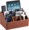 PU Leather Desk Organizer, Remote Control Holder, Brown | Luxury Nightstand Organizer for Home, Office Desk Accessories, Bedside Table Caddy with 5 Compartments, Velvet Lining by MEIBOOCH