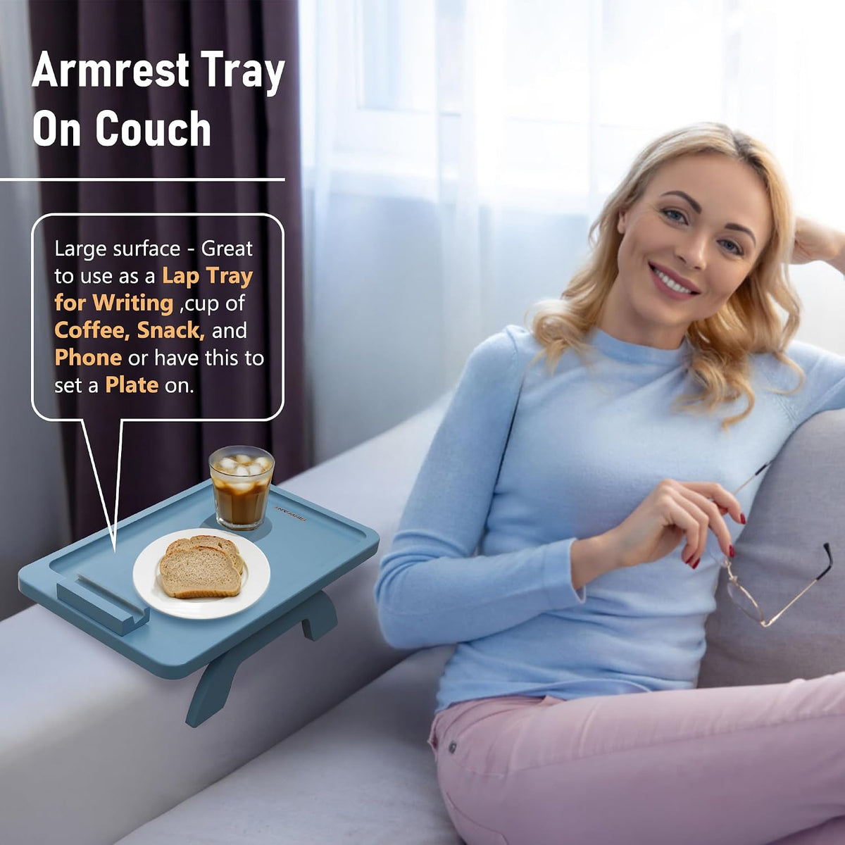 Sofa Arm Tray with 360° Rotated Phone Holder,15.35x9.84-in,Blue - Image 2