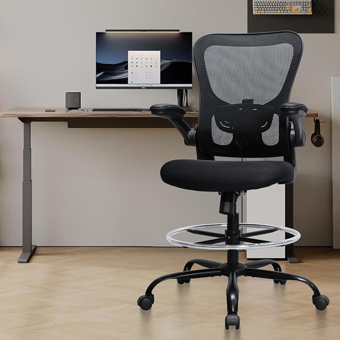 Drafting Chair, Ergonomic Tall Office Chair for Standing Desk, Counter Height Desk Chair with Adjustable Padded Armrests and Footrest Ring Standing Desk Chair Adjustable Height with Lumbar Support - Image 2