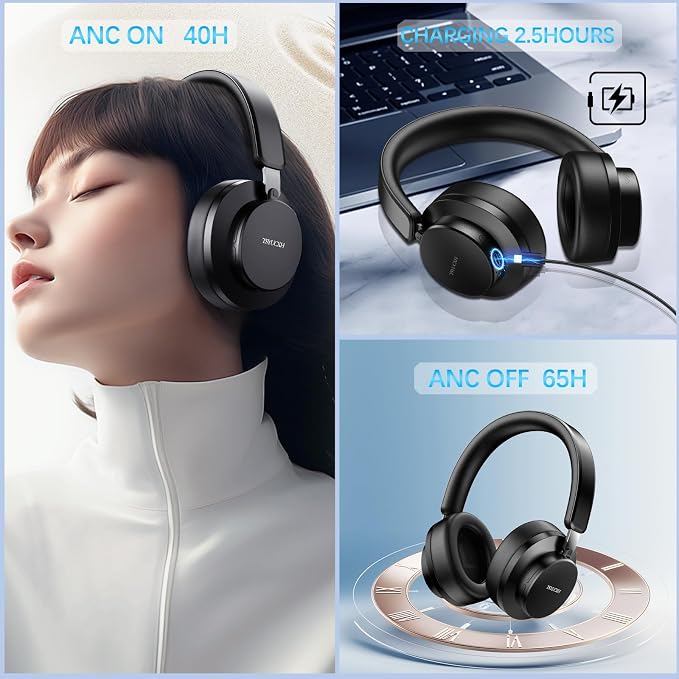 Over Ear Headphones Wireless Bluetooth, Noise Cancelling Headphones Bluetooth with Microphone, Cancelling Wireless Headphone Over Ear, 65h Playtime, Clear Calls, Comfort Fit For Travel (Black) - Image 2