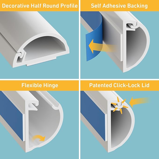 D-Line 13.12ft Cord Hider Kit, Patented Cable Cover, Hide Wires on Wall, Channel for TV Mount Cords, Raceway Wire Hiders, Paintable, Adhesive, Half Round, 4X 0.78in W x 0.39in H x 39in Lengths, White - Image 3