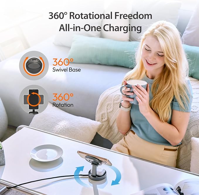 j5create Qi2 3-in-1 Zinc Alloy Magnetic Wireless Charging Station – for iPhone/Apple Watch/AirPods | 15W Fast Charging | Adjustable Phone/Watch Stand, Rotating Base | Foldable Travel Design (JUPW3515) - Image 5