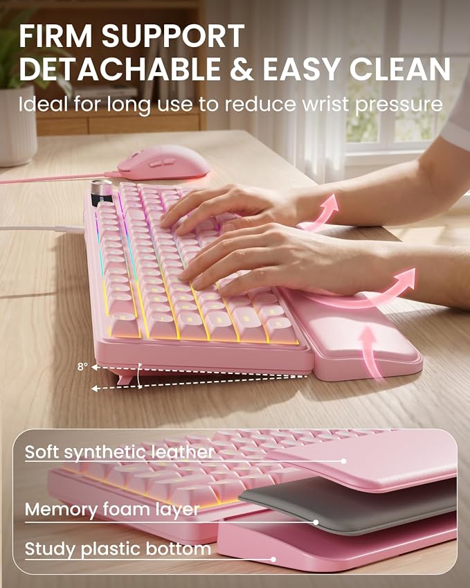 EWEADN Wired Keyboard and Mouse Combo with Detachable Wrist Rest, Quiet Ergonomic Keyboard Mouse Set with Multimedia Knob, RGB Backlit, Double-Shot Keycaps Natural Typing for Laptop, PC - Pink - Image 2