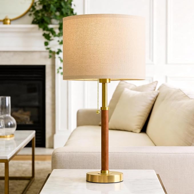 22" Wood Table Lamps Mid Century Modern Lamp for Bedroom Living Room Bedside Lamps for Night Stands Nightstand Lamp with Pull Chain Gold Small Side End Table Lamps Set of 2 Vintage Deco Gifts - Image 5