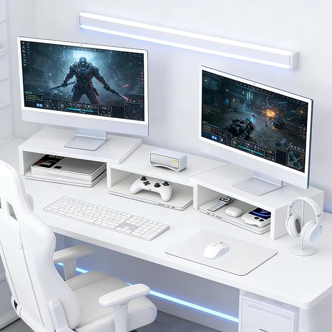 Desk Organizers and Accessories, Dual Monitor Stand Riser, Monitor Desk Shelf for Desktop Organization (White) - Image 7