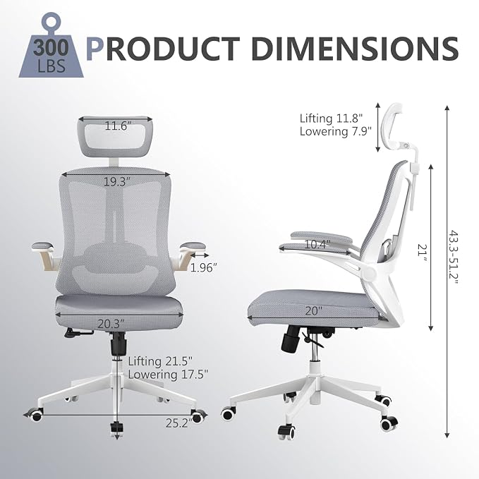 Office Chair (07Grey, Chair) | 360° Swivel Adjustable Lumbar Support & Flip-Up Armrests capacity 300 lbs capacity - Image 2