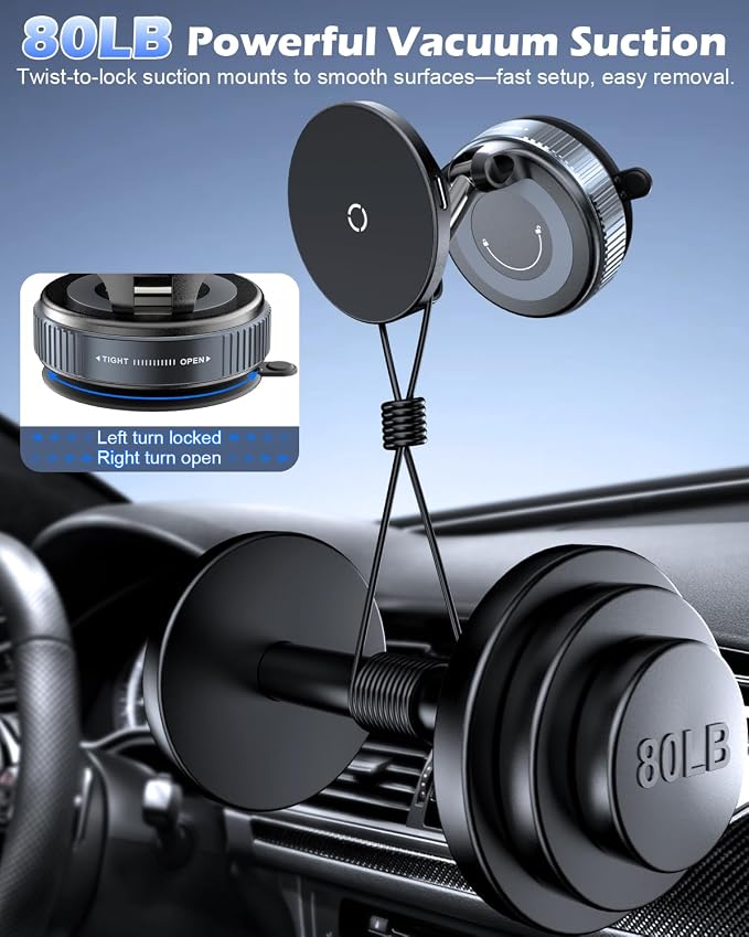 CloudValley 15W Fast Wireless Charger Car Phone Mount, Vacuum Suction Cup Magnetic Phone Holder Design for MagSafe iPhone 17/16/15/14/13/12, 360° Adjustable & Foldable Stand for Dashboard/Windshield - Image 4