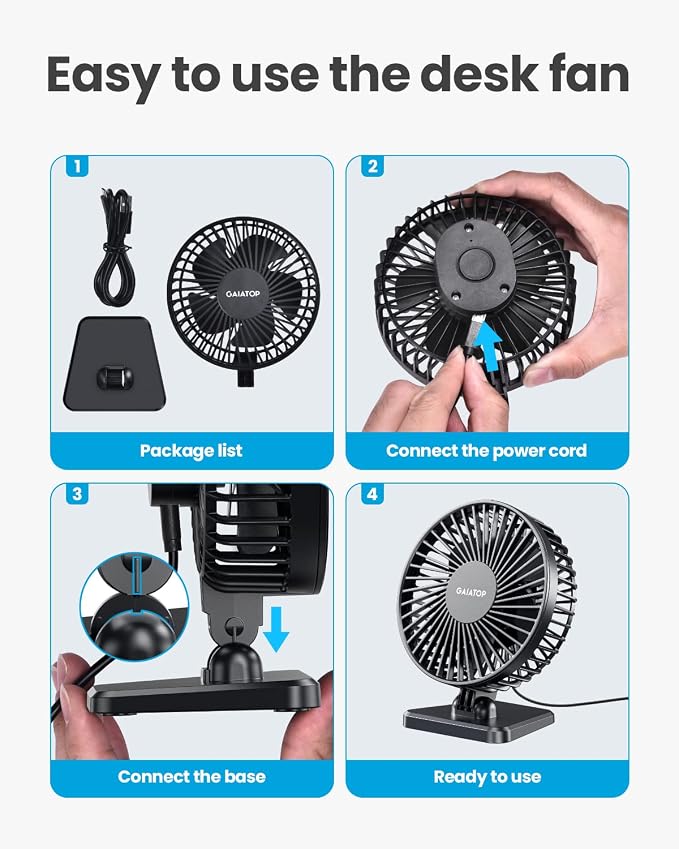 Gaiatop USB Desk Fan, Personal Portable Quiet Small Table Desktop fan | Powerful Mini 3 Speeds, Adjustable Head, for Cooling Home Office Car Summer Travel Gifts Black - Image 7