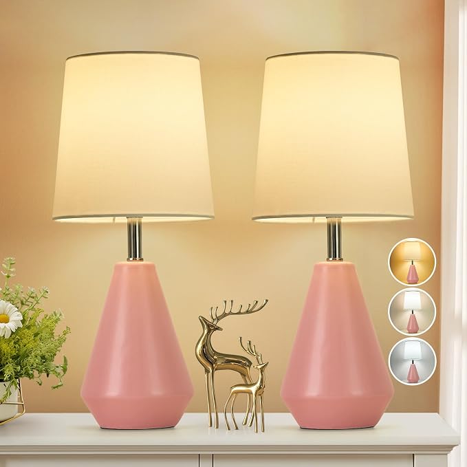 Small Bedside Table Lamp for Bedroom-Reading Desk Lamp Set of 2,with 3 Color Temperatures,15.5" Nightstand Ceramic Lamp with Fabric Shade for Kids Room,Living Room,Dorm,Home Office(Pink+White) - Image 9
