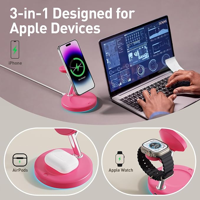 【Adjustable Blue Ambient Light】 Wireless Charger 3 in 1 for iPhone, Magnetic Charging Station for Apple Family,15W Fast MagSafe Charger Stand,for iPhone17-12-iWatch AirPods Series - Image 3