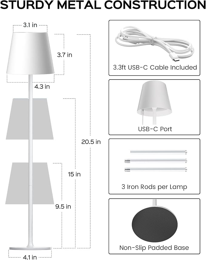 JACKYLED Cordless Table Lamps Rechargeable, 3 Adjustable Height, 5000 Capactiy Operated, 3 Colors Smooth Dimming, Portable LED Waterproof Table Lamp for Dining, Bedroom, Outdoor (2 Pack) - Image 4