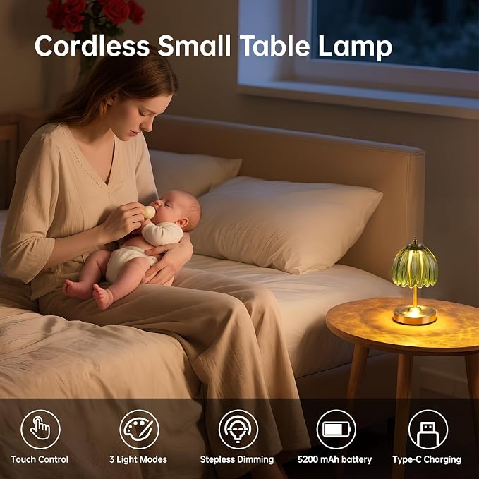 Shenmoyl Tulip Small Table Lamp, 5200mAh Cordless Touch Control Mini Table Lamp with 3 Color Temps & Stepless Dimming, Perfect for Small Spaces Like Dressers, Bedsides, Bookshelves (Green Tulip) - Image 2