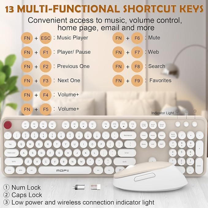 Wireless Keyboard Mouse, 104 Keys Cute Colorful Typewriter Creamy White | With OTG & Long Clean Bruch,Compatible With All windows and Type C Computer,1600DPI,Ideal For PC, Home, Office and College - Image 8