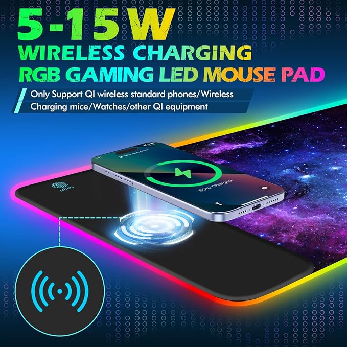 ToLuLu RGB Gaming Wireless Charging Mouse Pad, 7.5/10/15W 10 Light Modes LED Mouse Pad Computer Keyboard Mat Mousepad, 800x300x4MM Extended Large Desk Mat for MacBook, Laptop, PC, Purple Galaxy Space - Image 2