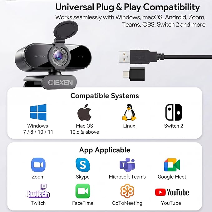 1080P Webcam with Microphone Noise Reduction Auto Exposure | 90°FOV Wide Angle Privacy Cover,USB-A to C Adapter,Plug & Play Streaming Camera for PC/Mac/Switch 2,Zoom/Teams/Skype/Meetings - Image 8