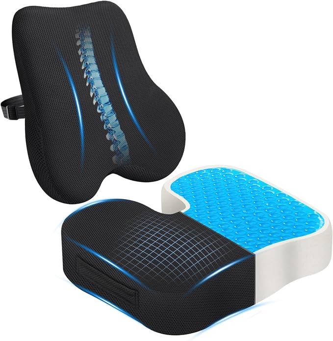 Gel Seat Cushion & Lumbar Support Pillow Set, Cooling Memory Foam for Tailbone & Sciatica Pain Relief, Ergonomic Office Chair Cushion with Breathable Mesh Cover for Car, Home, Wheelchair (Black) by Unknown