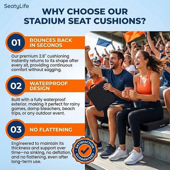Extra Thick Stadium Seat Cushion - Bleacher Seat Cushion, Stadium Cushion | Waterproof, 2.8" Bleacher Cushions for Adults, Lightweight Stadium Seat Pad, 2-Pack Black Portable Seat Cushion with Handle - Image 5